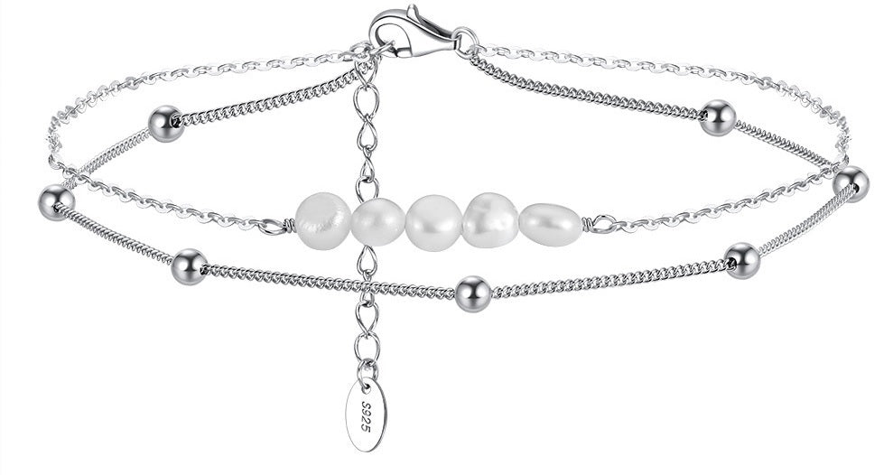Chaîne de Cheville en Argent 925 – Double Chaîne & Perles
