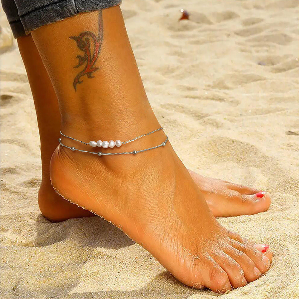 Chaîne de Cheville en Argent 925 – Double Chaîne & Perles