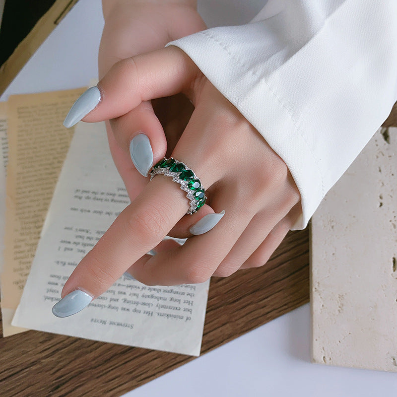 Bague Ajustable en Argent S925 avec Pierre Verte