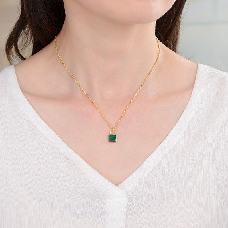 Collier Porte-clés en Argent S925 Plaqué Or 18K avec Malachite Verte
