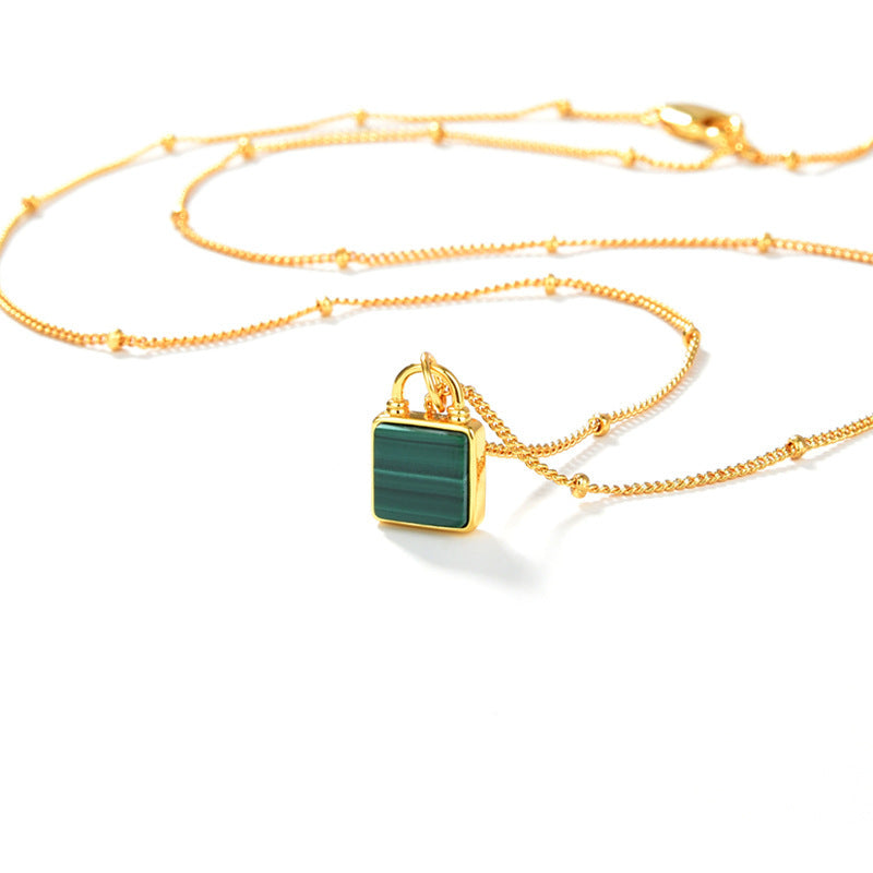 Collier Porte-clés en Argent S925 Plaqué Or 18K avec Malachite Verte