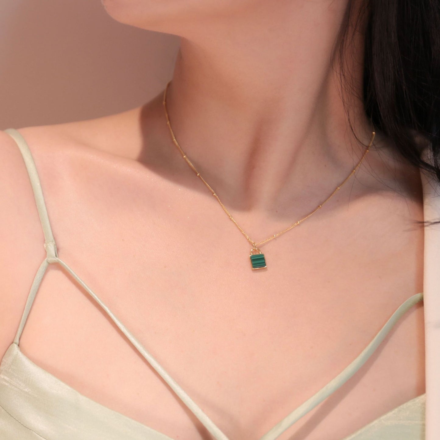 Collier Porte-clés en Argent S925 Plaqué Or 18K avec Malachite Verte