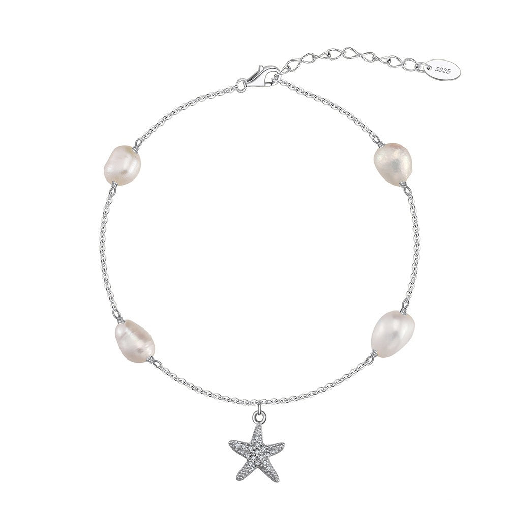 Chaîne de Cheville en Argent 925 – Étoile et Perle Style Bohème