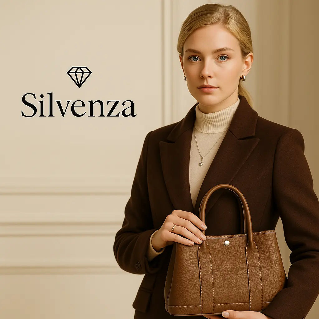 Femme élégante portant une tenue hivernale chic avec sac à main en cuir marron et bijoux fins, à côté du logo de la marque Silvenza