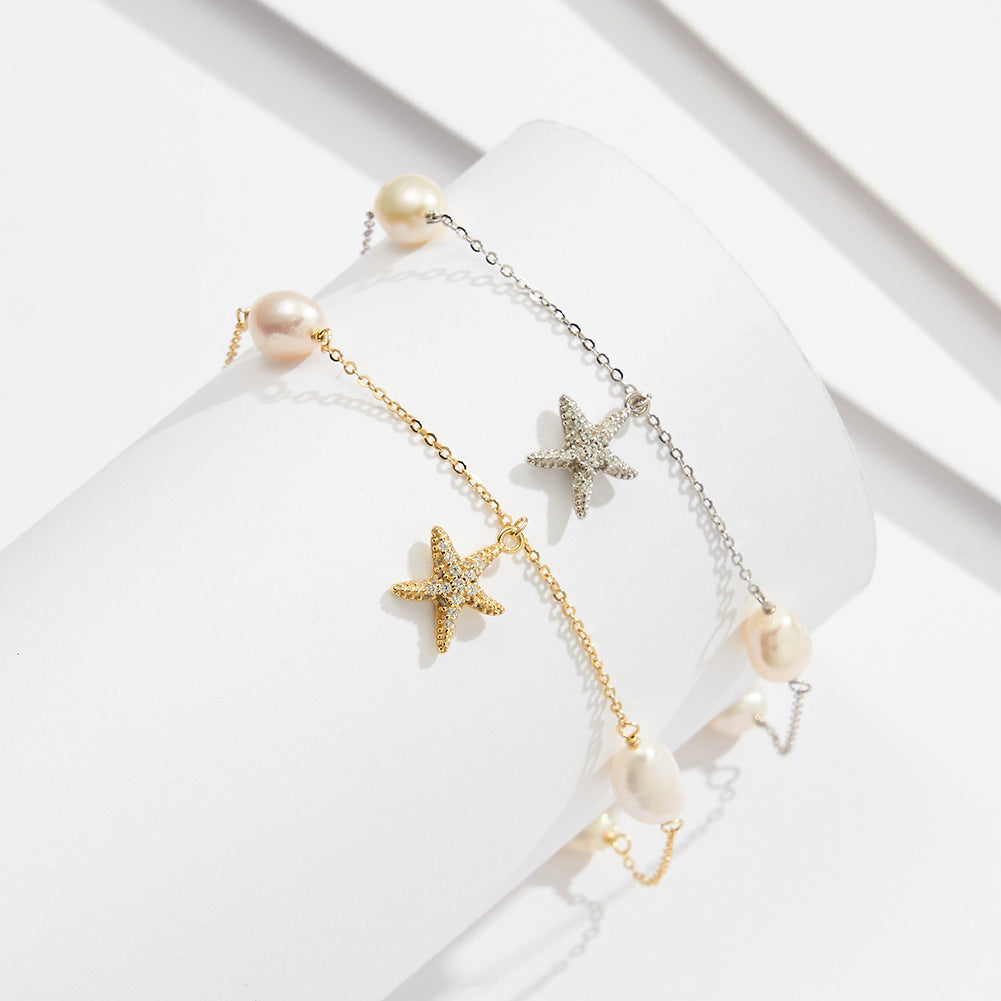 Chaîne de Cheville en Argent 925 – Étoile et Perle Style Bohème