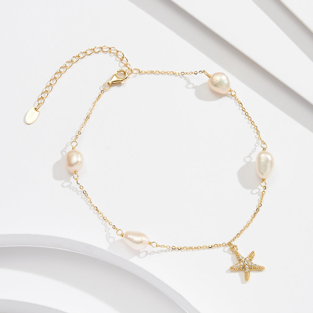 Chaîne de Cheville en Argent 925 – Étoile et Perle Style Bohème