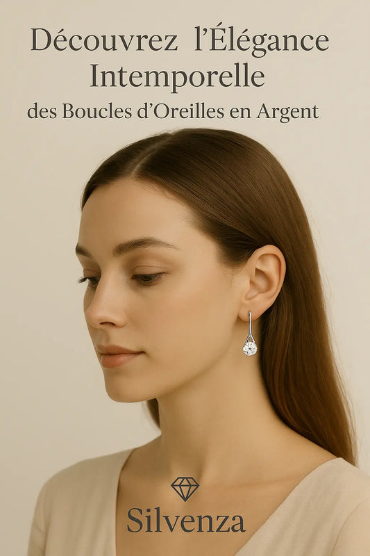 Portrait élégant d’une femme portant des boucles d’oreilles en argent avec zircon brillant, accompagné du texte "Découvrez l'Élégance Intemporelle" et du logo Silvenza
