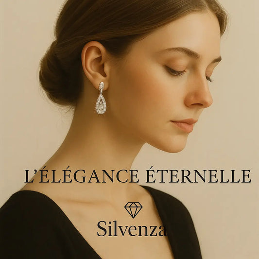 Portrait raffiné d'une femme portant des boucles d’oreilles en argent et diamants, avec le texte "L'Élégance Éternelle" et le logo Silvenza