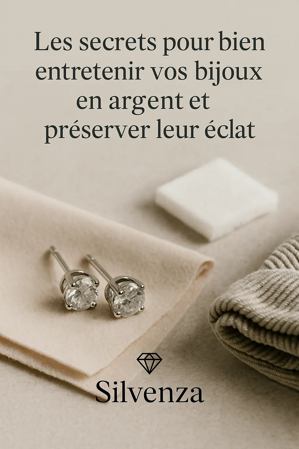 Paire de boucles d’oreilles en argent avec pierres scintillantes posées sur un tissu beige, accompagnées d’un chiffon de nettoyage et du titre de l’article sur l’entretien des bijoux, avec le logo Silvenza