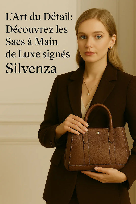 Jeune femme élégante portant un blazer brun foncé et tenant un sac à main en cuir marron de la collection Silvenza, avec le titre de l’article affiché sur fond beige raffiné