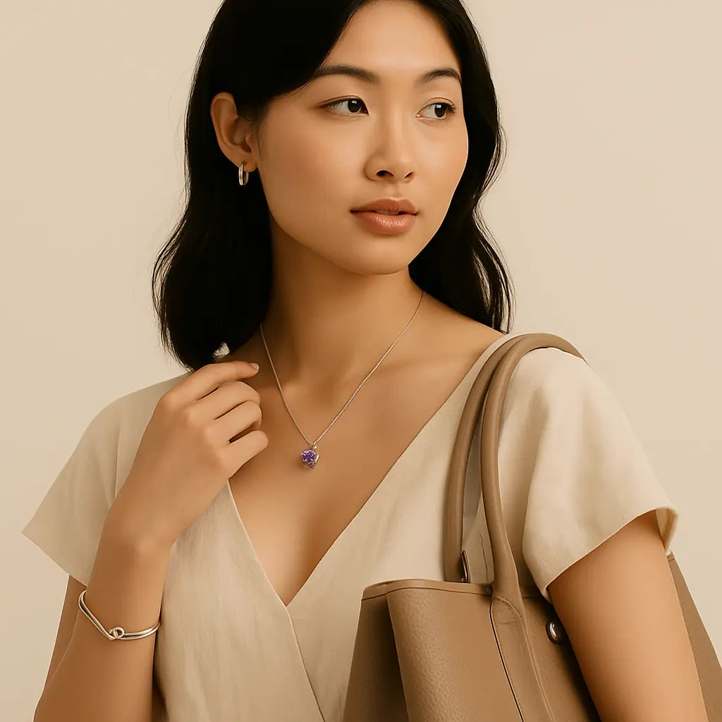 Femme élégante aux cheveux noirs portant une robe beige, un collier argenté avec pendentif violet, des boucles d’oreilles et un bracelet fins, tenant un sac à main beige