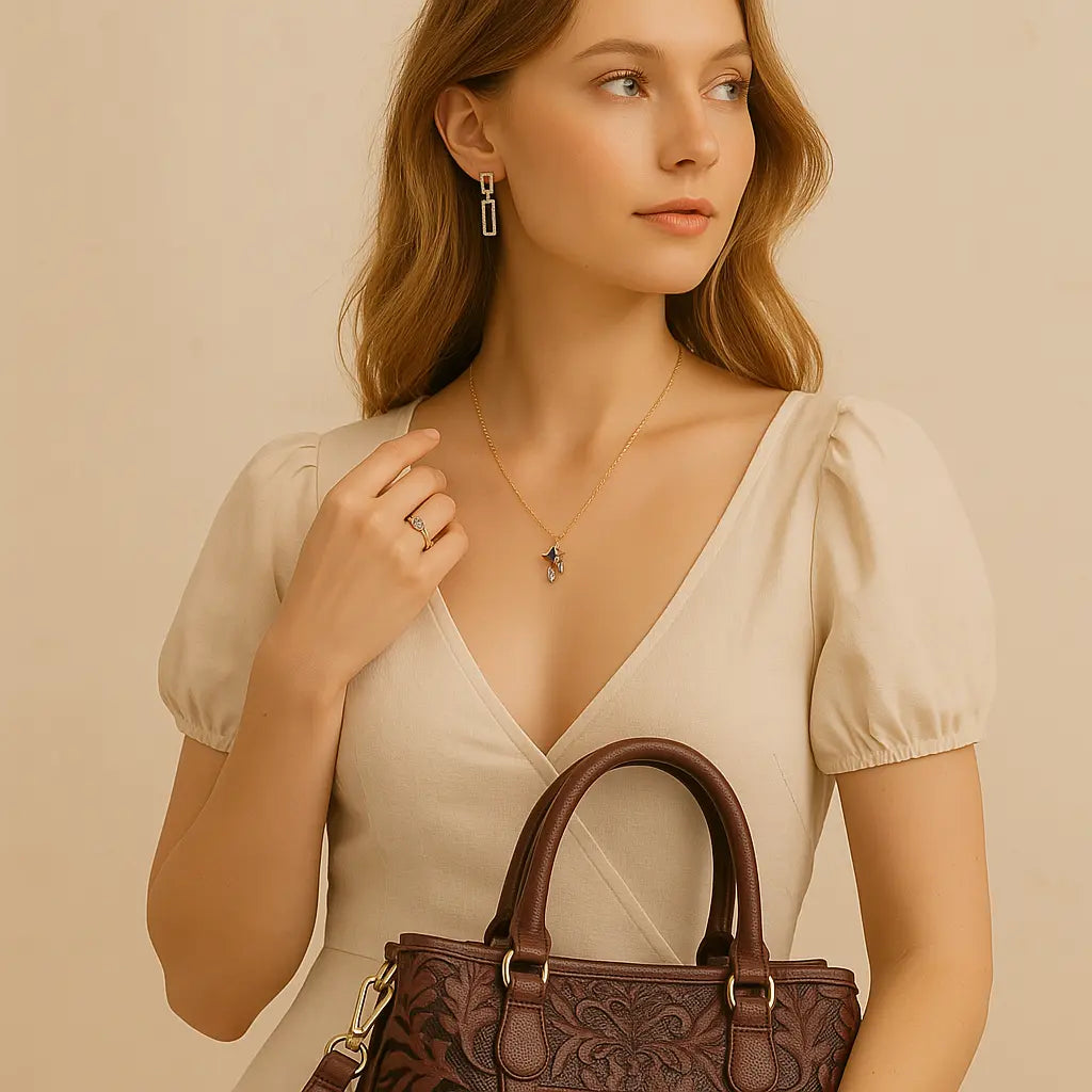 Jeune femme blonde portant une robe beige élégante, avec des boucles d’oreilles argentées, un collier doré papillon et une bague fine, tenant un sac à main en cuir marron à motifs floraux