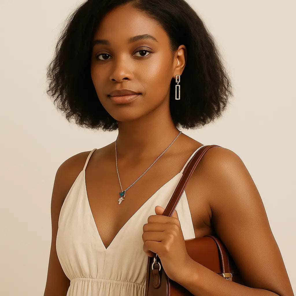 Jeune femme élégante portant une robe d’été blanche, des boucles d’oreilles rectangulaires argentées et un collier papillon bleu, tenant un sac en cuir marron