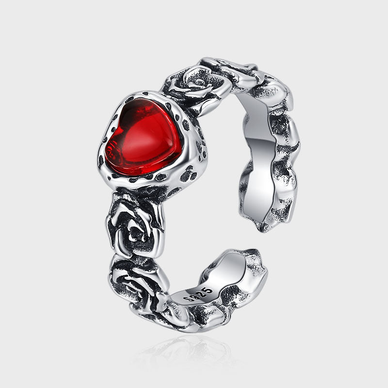 Bague Vintage en Argent S925 – Cœur en Zircon Rouge