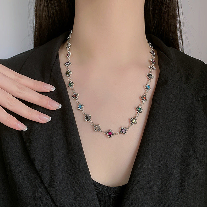 Collier Femme en Argent 925 avec Fleurs de Zircon Colorées