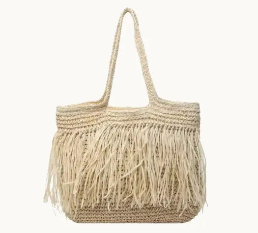 Sac Bohème Chic Femme en Paille – Grand Sac Été / Plage avec Franges