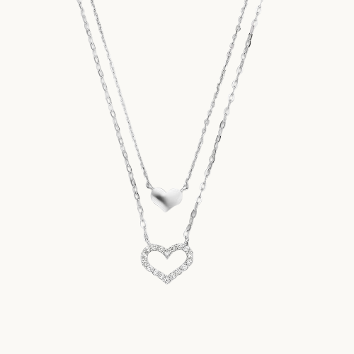 Collier Clavicule Double Cœur Creux en Argent Sterling avec Diamant – Élégance Amoureuse