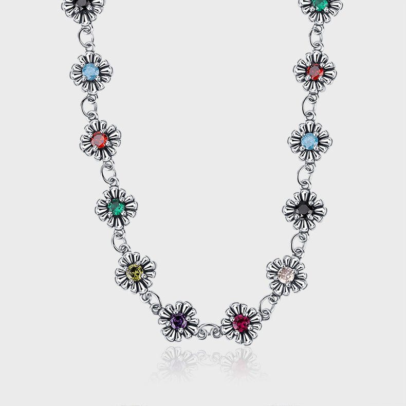Collier Femme en Argent 925 avec Fleurs de Zircon Colorées