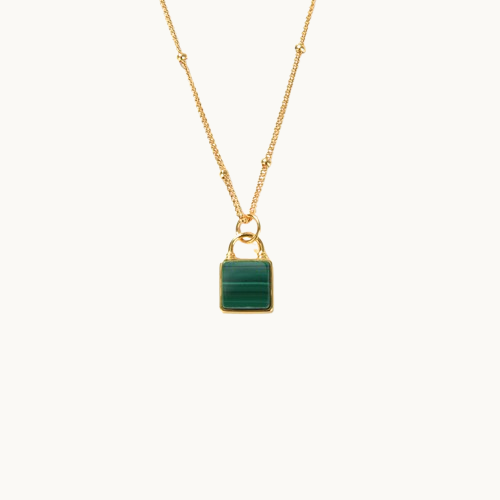 Collier Porte-clés en Argent S925 Plaqué Or 18K avec Malachite Verte