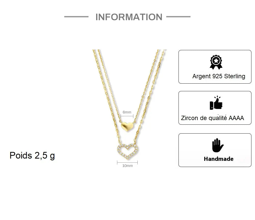 Collier Clavicule Double Cœur Creux en Argent Sterling avec Diamant – Élégance Amoureuse