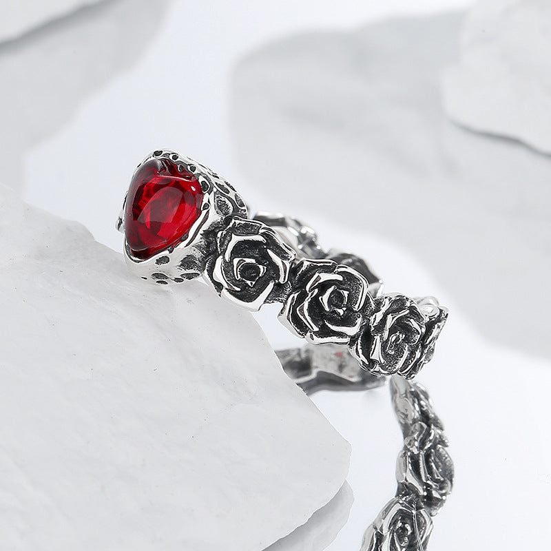 Bague Vintage en Argent S925 – Cœur en Zircon Rouge