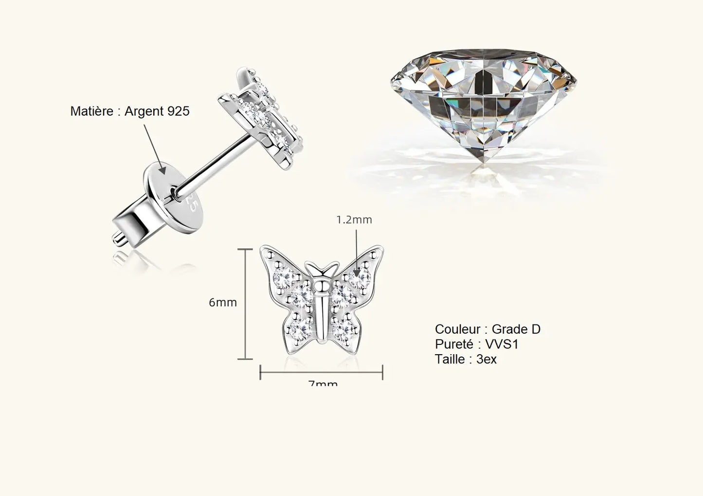 Boucles d'oreilles papillon Moissanite en argent sterling S925