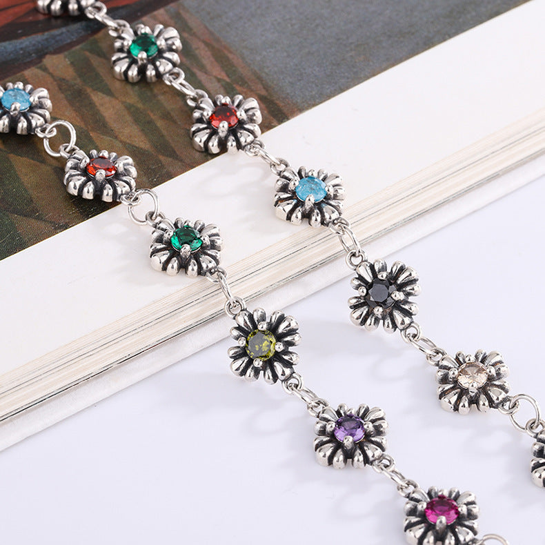 Collier Femme en Argent 925 avec Fleurs de Zircon Colorées