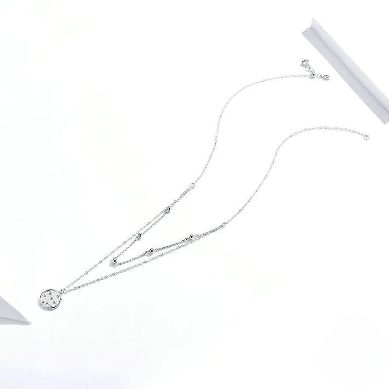 Collier Double Étoile en Argent 925 Plaqué Platine