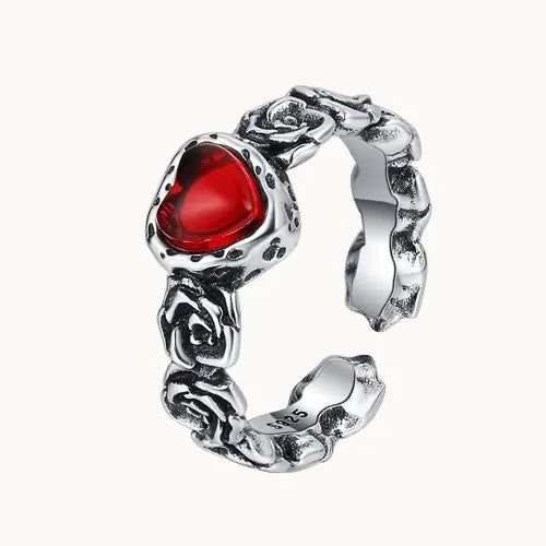 Bague Vintage en Argent S925 – Cœur en Zircon Rouge