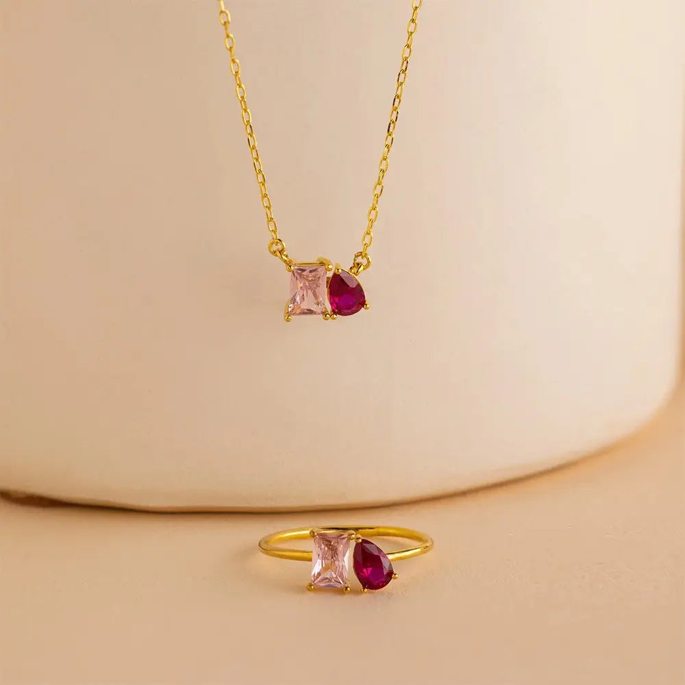 Parure Collier et Bague en Argent Sterling S925 avec Double Zircon