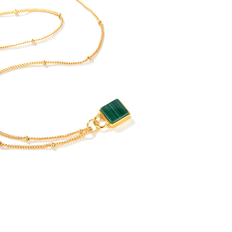 Collier Porte-clés en Argent S925 Plaqué Or 18K avec Malachite Verte