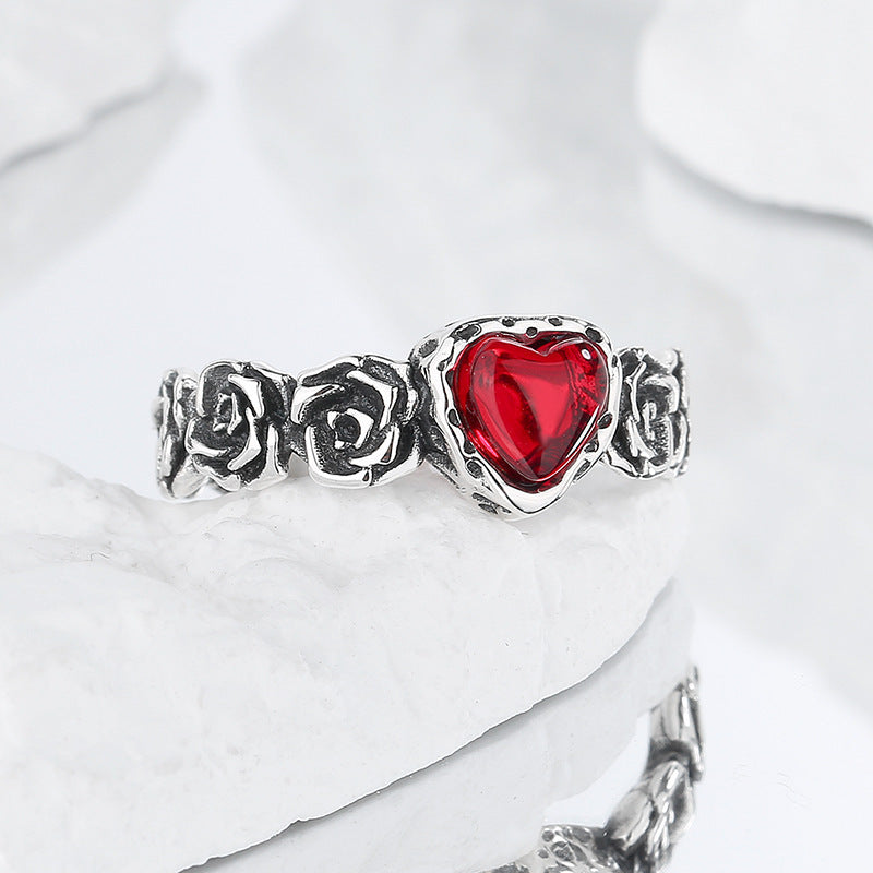 Bague Vintage en Argent S925 – Cœur en Zircon Rouge