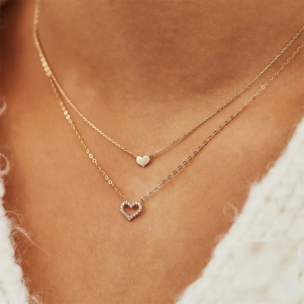Collier Clavicule Double Cœur Creux en Argent Sterling avec Diamant – Élégance Amoureuse